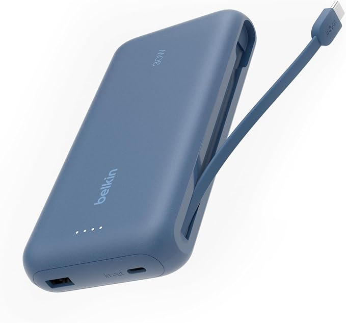 Belkin Portable Charger, Power Bank with Integrated Cable 20000 mAh 30W - Fast Charging USB C Power Delivery, iPhone Charger - iPhone 17, Air, Pro, Pro Max, iPad, Galaxy S25, & More - Blue