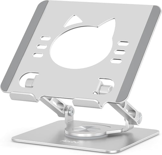 Tablet Stand 360° Rotating Aluminum Holder, Adjustable, Portable and Foldable Monitors Stand for iPads, Compatible with 4-12.9" Tablets, Silver