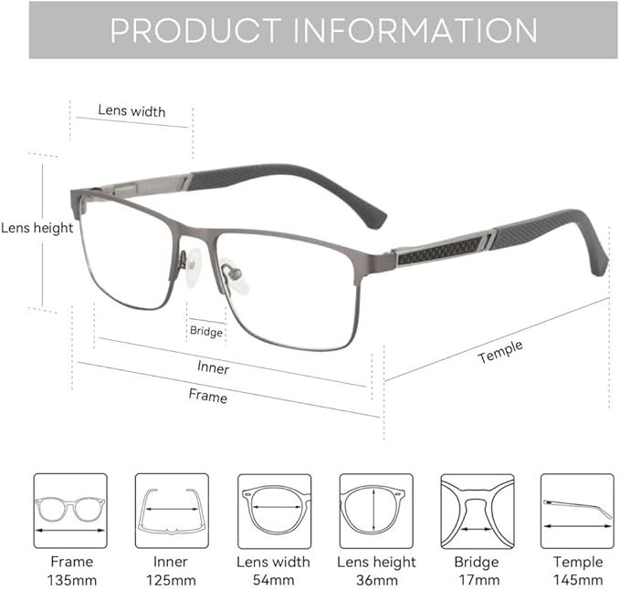 ZENOTTIC Blue Light Reading Glasses for Men Computer Readers Trendy Square Metal Frame Anti Glare