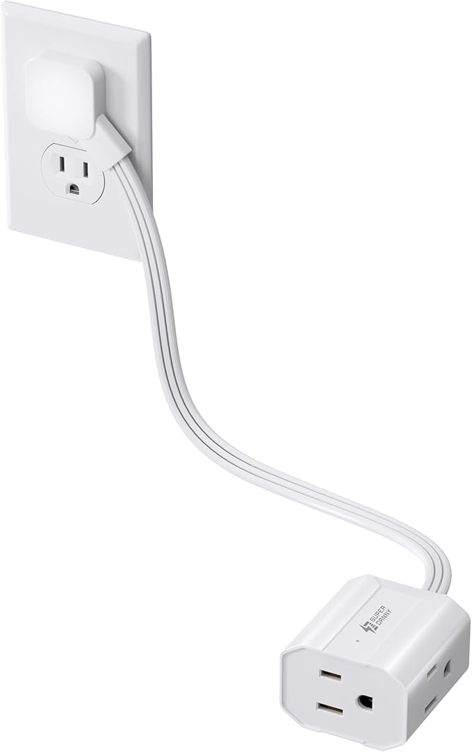 Extension Cord 1.5ft SUPERDANNY Mini Power Strip Ultra Right Angled Flat Plug for Tight Spaces,Indoor Extension with 3 Outlets,for Office Home Appliances,Non Surge Protector for Travel Cruise,White