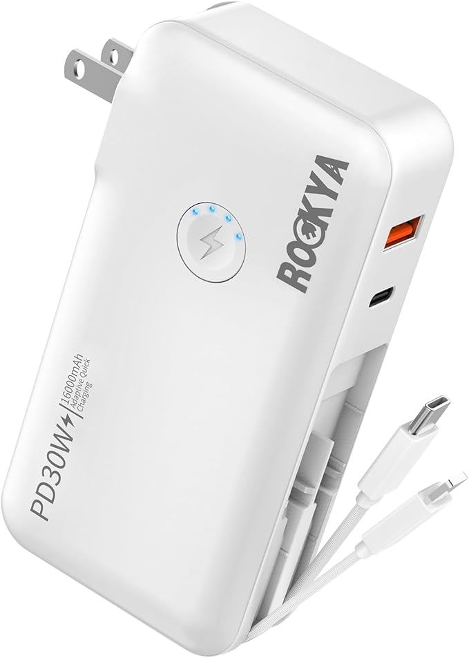 Portable Charger with AC Wall Plug and Built in Cables,PD 30W Fast Charging USB C Power Bank 16000mAh with 4 outputs,Travel Battery Pack Compatible with iPhone 16 15,MacBook,Pad,Samsung (White)