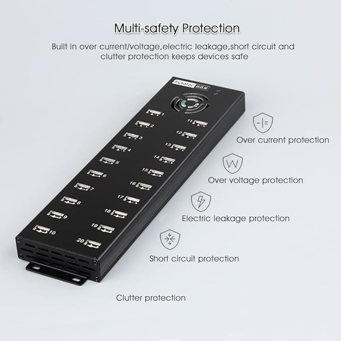 20 Ports Powered USB 2.0 Hub, Industiral USB Hub, USB Splitter 12V 10A External Power Adapter,Multiport USB Expander