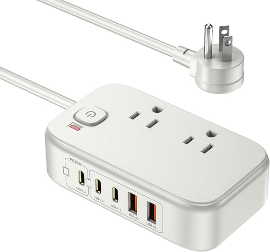 Power Strip with USB C,5 Port USB C Charger Station,White Surge Protection 1200J,5FT Flat Extension Cord USB Charging Hub for Multiple Devices (Pearl White, 30w)
