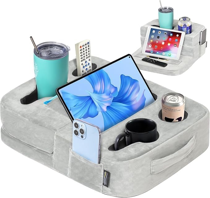 Couch Cup Holder Tray Pillow - Bed, Couch Caddy, Sofa, RV & Car - Holds Drinks, Snacks, Remotes, Phones, Kindle, Tablet | Bed Cup Holder (Grey)