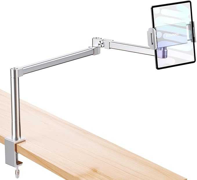elitehood iPad Holder Stand for Desk & Bed, 28-inch Tablet Arm Mount with Clamp, Easy Adjustable Aluminum iPad Desk Mount for Office Home, Compatible with 4/7-13in Tablets and Cell Phones, Sliver