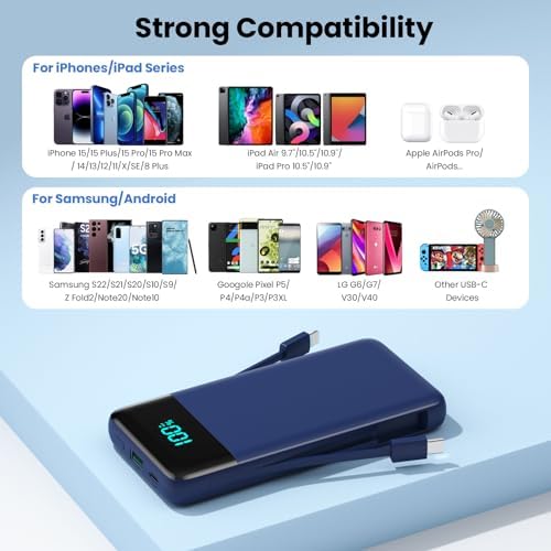 Portable Charger Power Bank with Built in Cables and Wall Plug,13800mAh Portable Battery Pack Fast Charging Compact LED Display Phone Charger Compatible with iPhone 16/15,Galaxy S23,Tablets etc