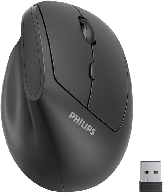 PHILIPS Ergonomic Mouse - Vertical Mouse with 800/1200/1600 Adjustable DPI, 6 Silent Buttons Design for S/M Hands, Auto Power Saving,Light Weight, 2.4GHz Wireless Mouse for Laptop, Desktop, PC-Black