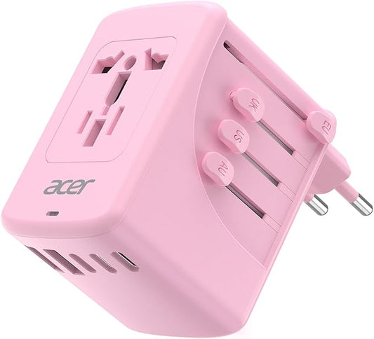 Acer Universal Travel Plug Adapter - International Power Adapter with 5 USB Ports (3 USB C) 5.8A, Worldwide Outlet Charger for USA to European UK France Germany Spain, Type C/E/F/G/I/L/A,Pink