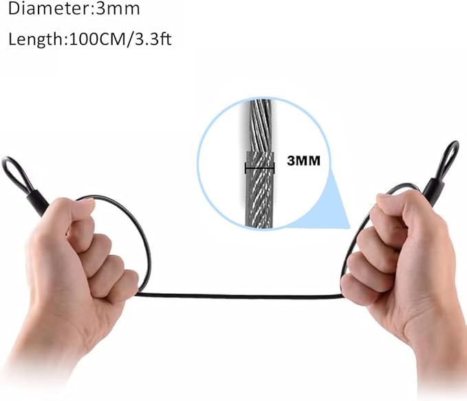 100CM/3.3ft 3mm Outdoor Travel Security Cable Lock,Braided Steel Coated Safety Cable Luggage Lock,Safety Cable Wire Rope Double Loop Lightweight GOMRQING (2 Pack)