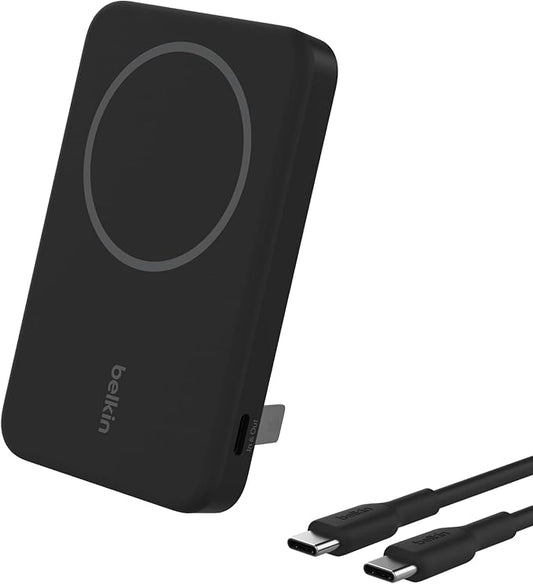 Belkin Portable Charger, Wireless Power Bank 15W 5000mAh w/ Qi2, MagSafe Charger + Built-in Pop-up Kickstand - Compatible w/iPhone 17, Air, Pro, Pro Max, Google Pixel 10, etc. - Black