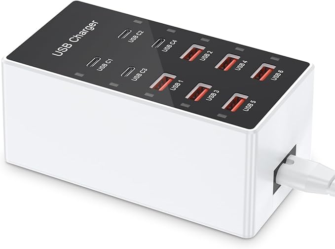USB C Charging Station Cell Phone Wall Charger 10Ports USBC Fast Charging Power Hub Cube 4 USB C 6 USB A Charger Block Power Strip Dock Adapter for iPhone 15/14/13 iPad Android Smart Phones