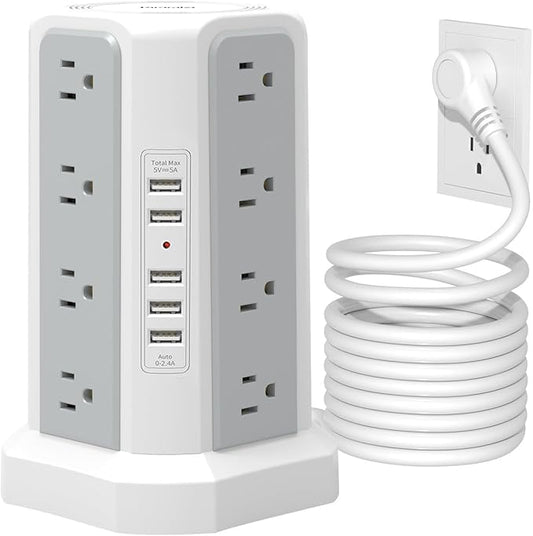 Surge Protector Power Strip Tower with USB Ports, Fararaka 10 FT Extension Cord with 16 Multiple Outlets and 5 USB Ports, Flat Plug Charging Station for Home, Office, Dorm Room