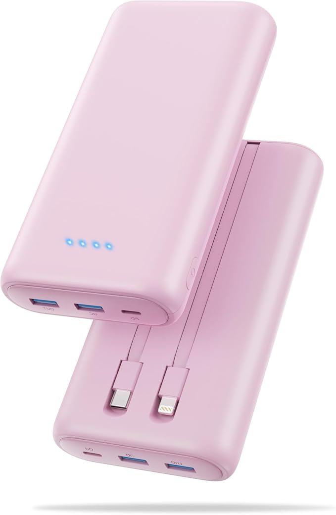 Portable Charger Power Bank 40,800mAh 25W Fast Charging USB C Portable Charger with 2 Built in Cables,5 Outputs & QC 4.0 Quick Phone Charging Battery Pack Compatible with iPhone 16/15/Android (Pink)