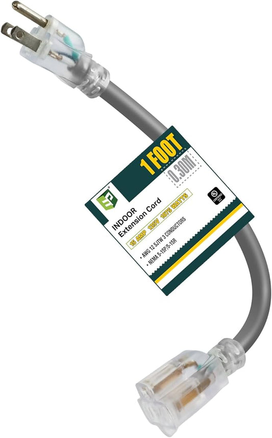 EP 1 Ft Lighted Extension Cord - 12/3 SJTW Heavy Duty Grey Extension Cable with 3 Prong Grounded Plug - Power Cord for Lawn, Garden, Appliances