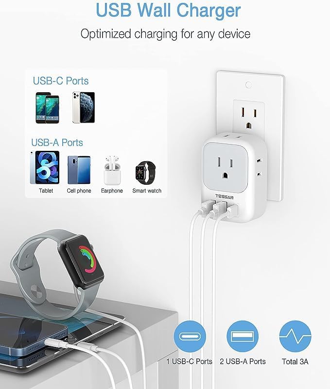 USB Wall Charger, Wall Plug Adapter Outlet Extender, TESSAN 3 Charger Block (1 USB C Port), Multi Charging Station for Cruise, Bathroom, Office, Dorm Essentials