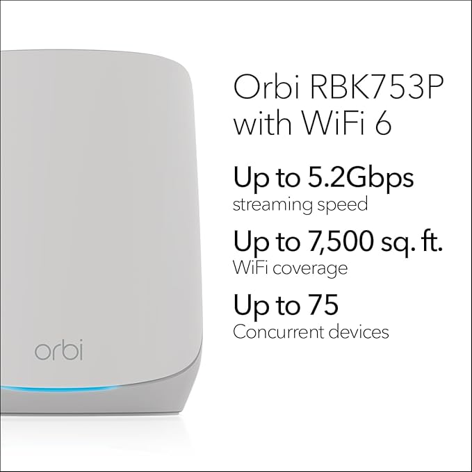 NETGEAR Orbi Whole Home Tri-Band WiFi 6 Mesh Network System (RBK753P) – Router with 2 Satellite Extenders – Security Features - Coverage up to 7,500 sq. ft., 75 Devices - AX5200 (Up to 5.2Gbps)