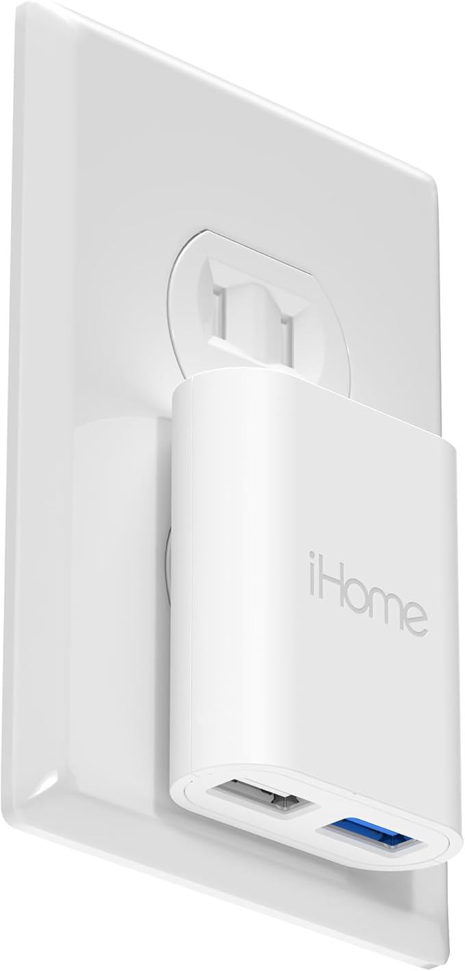 iHome 2-Port USB Wall Charger, AC Pro Multiport Plug Adapter, Phone Charging Block with Dual Ports, Flat Wall Adapter for Home & Travel