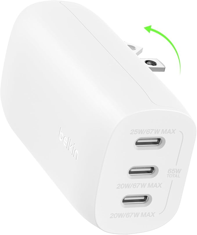 Belkin 3-Port USB C Charger Block 67W - PPS, USB-C PD3.1 Super Fast Charging Charger - Samsung Galaxy S25, Apple iPhone 17, Air, Pro, MacBook, AirPods, Apple Watch, Nintendo Switch 2 & More - White