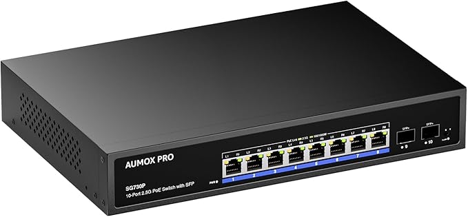 Upgrade 10 Port 2.5G PoE Switch,AUMOX PRO 8 Port 2.5G Network Unmanaged Switch with 2x10G SFP Gigabit Ethernet Unmanaged PoE Switch 120W,Compatible with 100/1000/2500Mbps for AP, NAS, PC Plug and Play