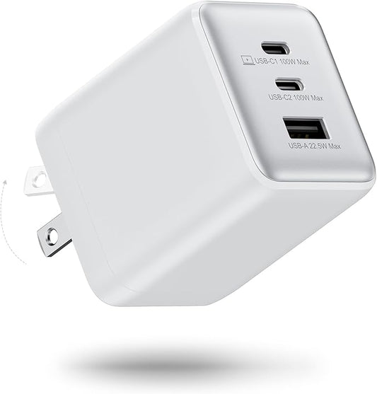 100W USB C Charger Block, 3-Port Compact Foldable Power Adapter USB Wall Charger for MacBook Pro/Air, Dell XPS, iPad Pro, iPhone Series, Galaxy S25/S24, and More