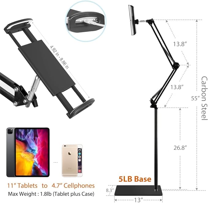 Tablet Floor Stand with 5LB Metal Base, Overhead Bed Phone Stand Angle Height Adjustable Holder, Universal Floor Stand Compatible with iPhone iPad Pro Air Mini, Samsung Tab, Kindle, E-Readers…