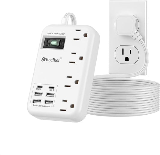 6 USB(2 USB C) Surge Protector Power Strip- 10 Ft Extension Cord with 24W USB Charging Station and 4 Outlets, Long Flat Extension Cord with Multiple Outlets for Travel Home Office Dorm White