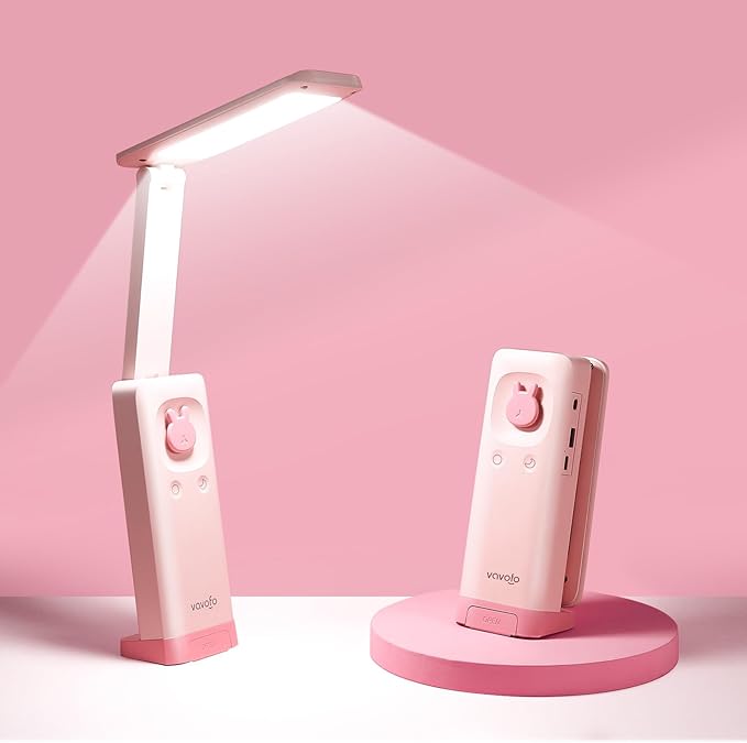 VAVOFO Cute Desk Lamp, Foldable & Portable LED Lamp with 6000mAh Rechargeable Battery, 3 Color Modes, USB-C Cordless Study Lamp for Bedroom, Office, Kids Room (Pink)