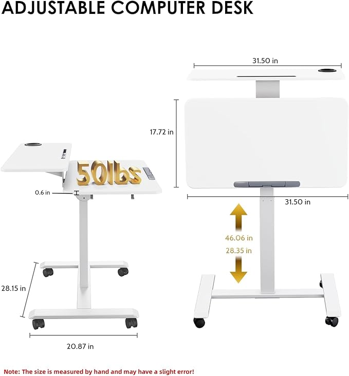 Pneumatic Standing Desk with Wheels - Adjustable Height 28" - 46" & 0-90° Tilt, 31.5" x 17.7" Skin-Feel Desktop, Rolling Computer Desk for Home Office, Hospital, School (White)