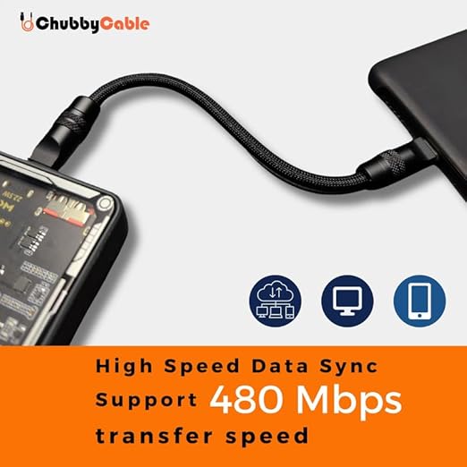 chubbycable Cute Chubby 240W Short USB C Cable Power Bank Fast Charging Cable Nylon Braided Charger Cord Compatible with iPhone 17-15 Series iPad, Black, Type-C to Type-C, 0.82FT