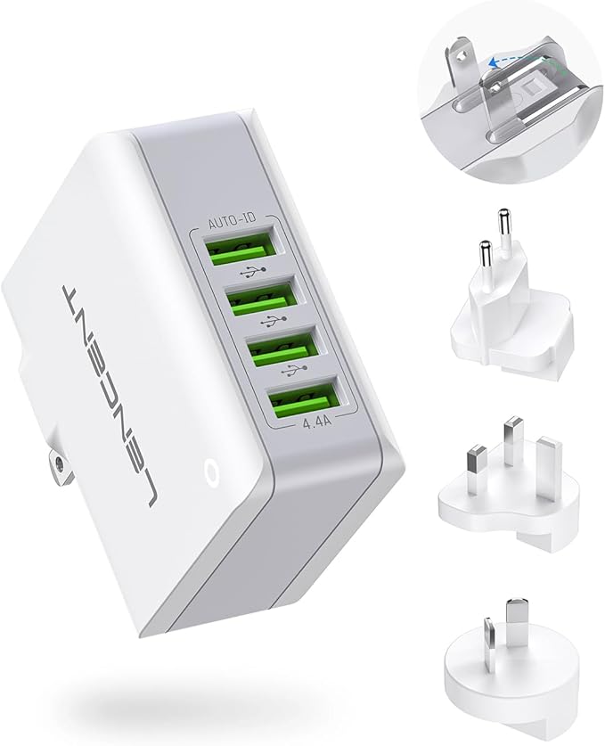 LENCENT Multiple USB Wall Charger, [22W/4.4A] 4 Port USB Travel Power Adapter, All in One Worldwide Cell Phone Charger With UK US EU European Australia, International Block Cube Plug for iPhone & IPad