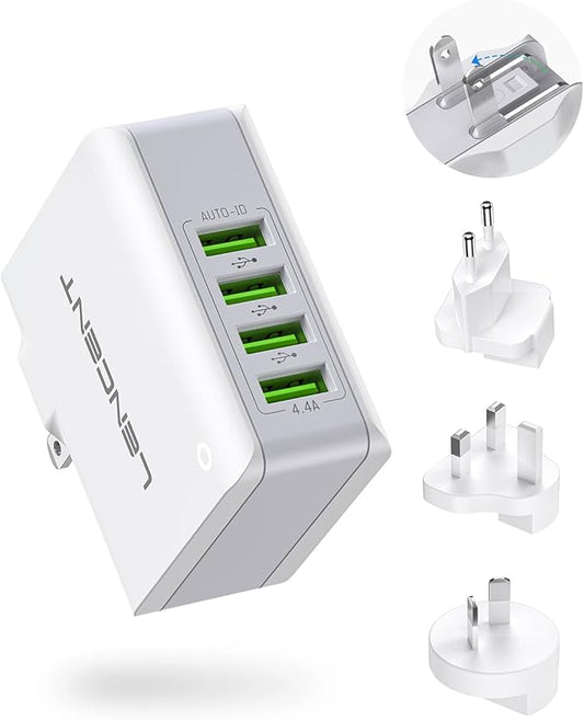 LENCENT Multiple USB Wall Charger, [22W/4.4A] 4 Port USB Travel Power Adapter, All in One Worldwide Cell Phone Charger With UK US EU European Australia, International Block Cube Plug for iPhone & IPad
