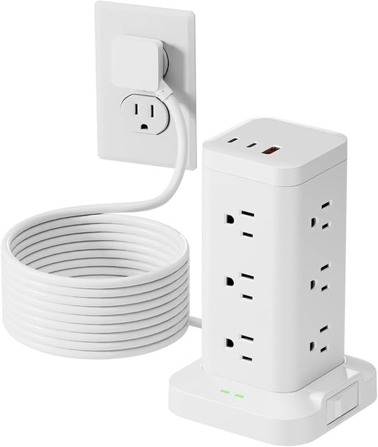 15-in-1 Power Strip Tower with Surge Protector 1800J, Fast Charging Tower PD20W USB-C Ports with 12 AC Outlets, 10ft Extension Cord for Home Office Dorm Room, White