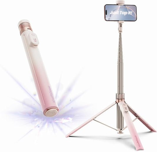 KraftGeek Automatic Tripod for iPhone, 66" Pink Phone Selfie Stick Tripod Stand for Recording, Travel, Content Creation - Ombré Peach