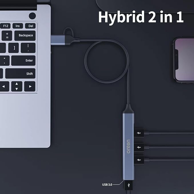 USB Hub, ONTEN USB C to USB Adapter, USB C to USB A Hub with 1.6ft Cable,4 Ports USB-C USB Hub 3.0/2.0, for MacBook Pro, iMac 2021, USB Splitter Aluminum Alloy, Color Gray