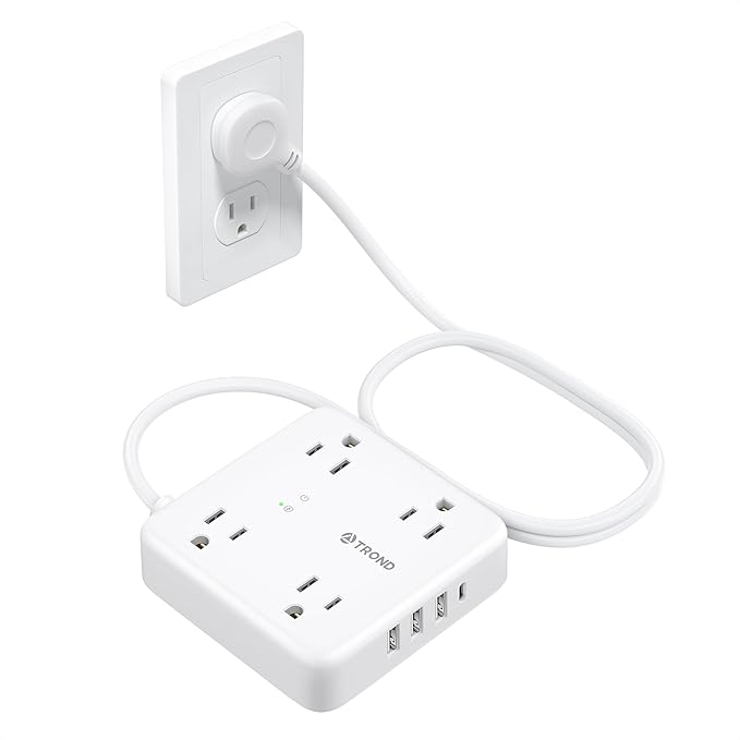 TROND Surge Protector Power Strip with USB Ports, 5ft Flat Plug Extension Cord with Multiple Outlets, 1440J, Wall Mount for Home Office Dorm Room Essentials, White