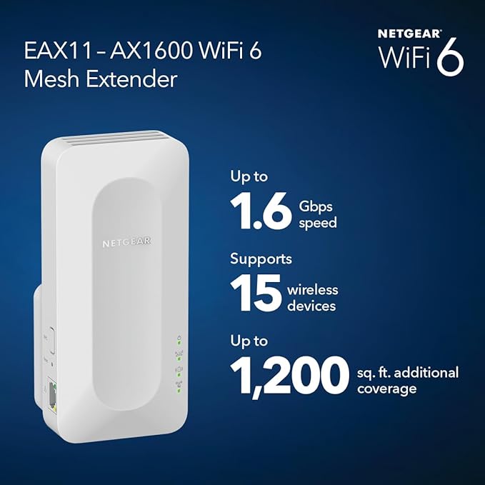 NETGEAR WiFi 6 Mesh Range Extender (EAX11) - Add up to 1,200 sq. ft. and up to 15 Devices with AX1600 Dual-Band Wireless Signal Booster & Repeater (up to 1.6 Gbps Speed), WPA3 Security, Smart Roaming