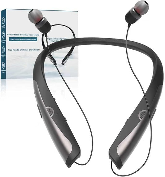 Bluetooth 5.0 Neckband Bluetooth Headphone, Sweat Resistant Noise Cancelling Stereo Headphones, and Retractable Ear Tips for Music, Conference, Videos（Bright Black¼