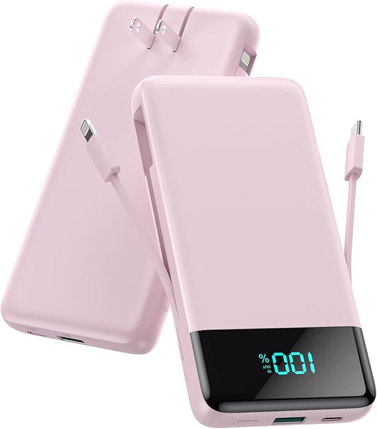 Portable Charger for iPhone with Built in Cables and Wall Plug,Upgraded 13800mAh Fast Charging USB C Power Bank,4 Outputs Travel Essential Battery Pack Compatible with iPhone 15/14/13/12,Samsung-Pink