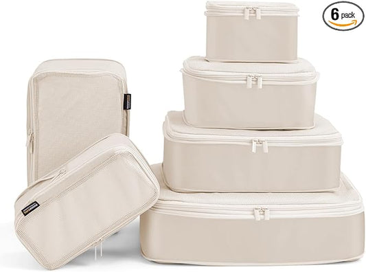 6 Set Compression Packing Cubes, Suitcase Storage Bags for Clothes and Travel Essentials (Cream White)