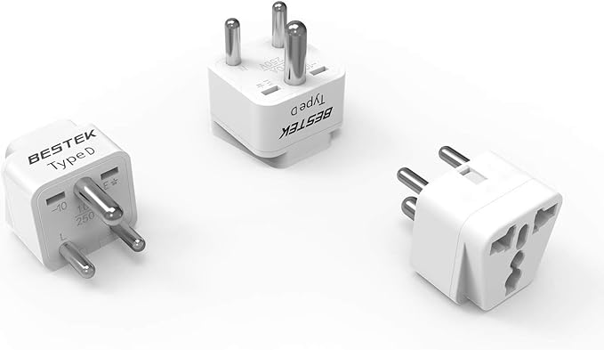 BESTEK India, South Africa Travel Plug Adapter, Grounded Universal Type D Plug Adapter India to US Adapter - Ultra Compact for India, Sudan, Pakistan and More, 3 Pack