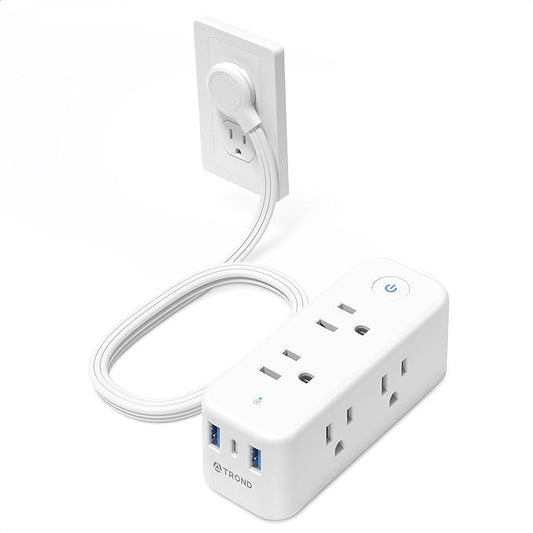 TROND Flat Plug Power Strip, 6 Widely Spaced Outlets and 3 USB Ports, Extension Cord 5ft, Wall Mountable, 1440J Surge Protector for Home Office Travel, White