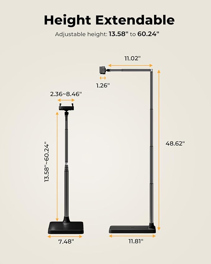 Extended Tablet Floor Stand, 360 Rotating Adjustable iPad Floor Holder with Long Flexible Arm, Compatible with 4-13" Devices, Stand for Bedside, Sofaside, Table, Desk (Black)