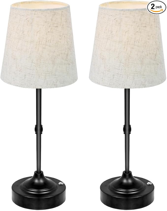 Cordless Lamp, Rechargeable Battery-Operated Lamp with Fabric Lampshades, 2 Pack Dimmable Desk Lamps for Kitchen, Bedroom, Living Room, Nightstand, Balcony, Home Décor (Black)