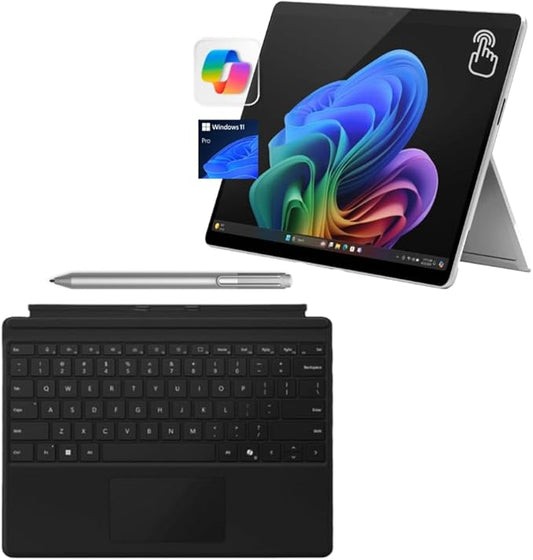 Microsoft Surface Pro 11 Bundle, 13" Copilot+ PC with Black Pro Keyboard (Without Pen Storage) & Business Pen, Snapdragon X Plus, AI Tablet Essential Bundle, 16GB RAM, 256GB SSD, Win 11 Pro