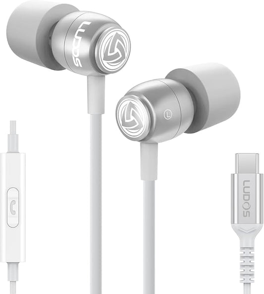 LUDOS Clamor USB C Headphones for iPhone 17 16 15 Pro Max Plus Air iPad Pro, 5 Years Warranty, USB-C Earbuds for Samsung Galaxy S24 S23 Ultra S22 S21 FE S20 A55 A54 A53, USB Type C Earphones - White