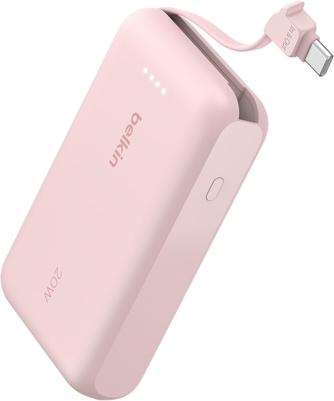 Belkin Portable Charger, Power Bank with Integrated Cable 10000 mAh 20W - Fast Charge USB C Power Delivery, iPhone Charger - iPhone 17, Air, Pro, Pro Max, iPad, Galaxy S25, & More - Pink