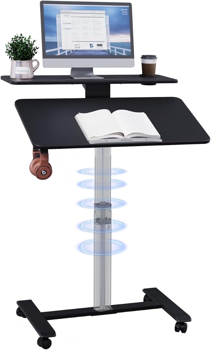 Pneumatic Standing Desk with Wheels - Adjustable Height 28" - 46" & 0-90° Tilt, 31.5" x 17.7" Skin-Feel Desktop, Rolling Computer Desk for Home Office, Hospital, School (Black)