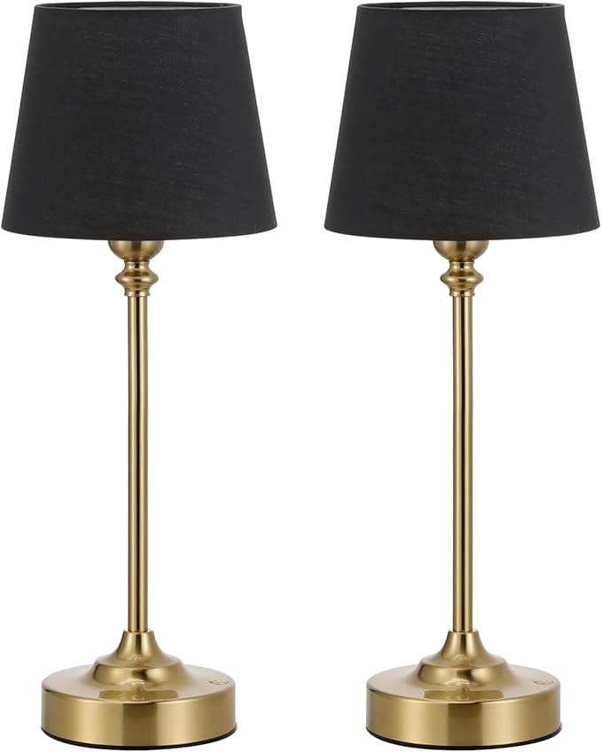 Kakanuo Cordless Table Lamps Rechargeable Set - 2 Pack Brass 4000mAH Battery Operated Lamps for Decor, 3000K Stepless Dimming Touch Wireless Lamp for Bedroom, Dining Table, Living Room, Black Shade