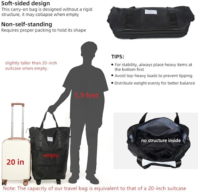 VOOWO Rolling Duffle Bag with Wheels, Expandable Foldable Duffle Bag for Travel, Rolling Under Seat Luggage Carry on Duffel Bags, Wheeled Travel Duffel Weekend Bags, Capacity 18L to 40L (Black)