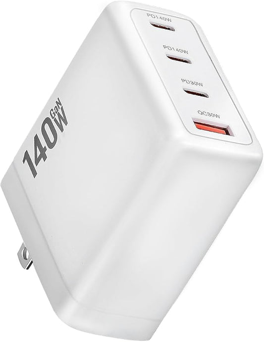 140W USB C Charger, 4-Port Foldable Compact Fast Laptop Charger Power Adapter, Advanced GaN Wall Charger, Compatible for MacBook Pro/Air, iPad Pro, iPhone 16, Galaxy S25, Steam Deck, and More (White)